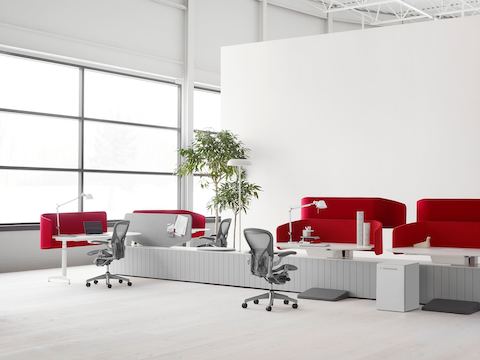 A Hive setting outfitted with a Double L-Desk and two Double D-Desks. A Hive setting outfitted with a Double L-Desk and two Double D-Desks.