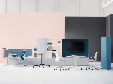 A Single L-Desk, Upper Shelving, Full Display, Single Column Round Table, and Freestanding Screen round out this Cove setting. A Single L-Desk, Upper Shelving, Full Display, Single Column Round Table, and Freestanding Screen round out this Cove setting.