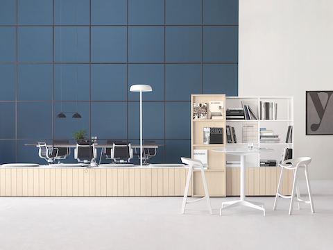 A Landing setting that utilizes Locale's Workbase as seating paired with Upper Shelving. In the background, an Eames Aluminum Group Management Chairs make for an ideal Meeting Space setting. A Landing setting that utilizes Locale's Workbase as seating paired with Upper Shelving. In the background, an Eames Aluminum Group Management Chairs make for an ideal Meeting Space setting.