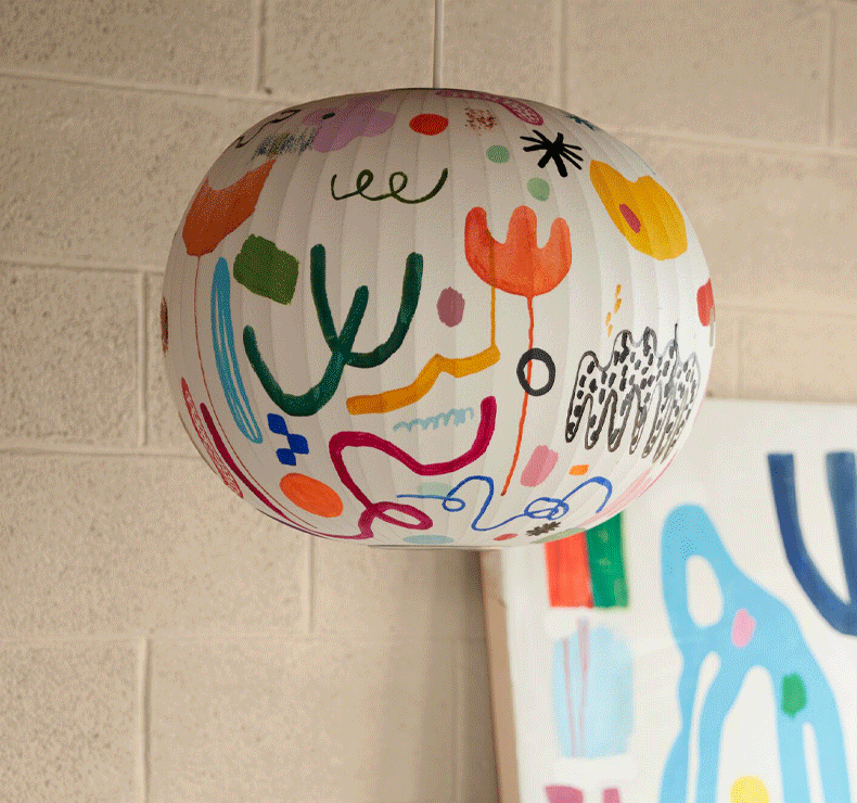 A Nelson Bubble Lamp, painted by Kindah Khalidy, flashing on and off. A Nelson Bubble Lamp, painted by Kindah Khalidy, flashing on and off.