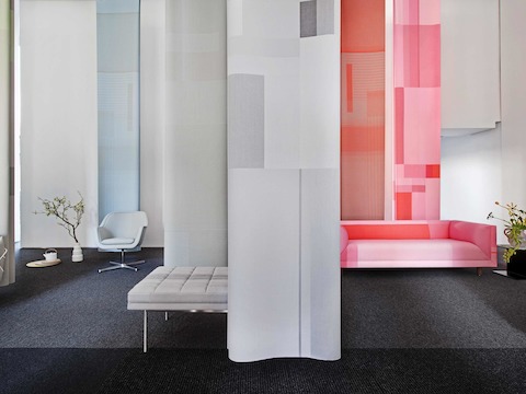 Panels that show the full repeats of the patterns are hung among the designs by Sam Hecht and Kim Colin, BassamFellows, and Ward Bennett that demonstrate the textiles in application. Panels that show the full repeats of the patterns are hung among the designs by Sam Hecht and Kim Colin, BassamFellows, and Ward Bennett that demonstrate the textiles in application.