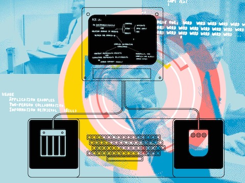 Images of an early monitor and keyboard superimposed over pixilated images of men in white shirts. Images of an early monitor and keyboard superimposed over pixilated images of men in white shirts.