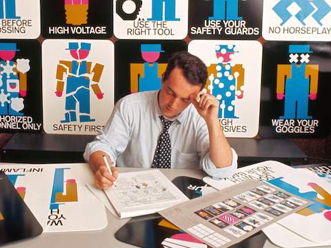 The Pronto Posters originated as safety posters for the Production Line Ride at the Chrysler Pavilion at the 1964-5 World's Fair in New York (Lance Wyman pictured above, 1965). The posters were eventually produced by Howard Miller and marketed as safety signage for factories. The Pronto Posters originated as safety posters for the Production Line Ride at the Chrysler Pavilion at the 1964-5 World's Fair in New York (Lance Wyman pictured above, 1965). The posters were eventually produced by Howard Miller and marketed as safety signage for factories.