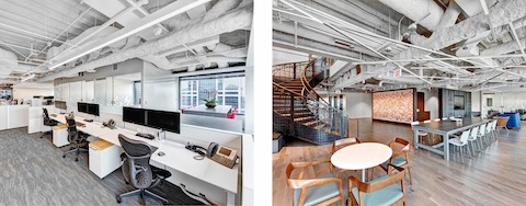 Two images of CBRE’s Chicago office. The left shows Mirra 2 Chairs in a benching setup. The right shows an interaction space with a variety of seating. Two images of CBRE’s Chicago office. The left shows Mirra 2 Chairs in a benching setup. The right shows an interaction space with a variety of seating.